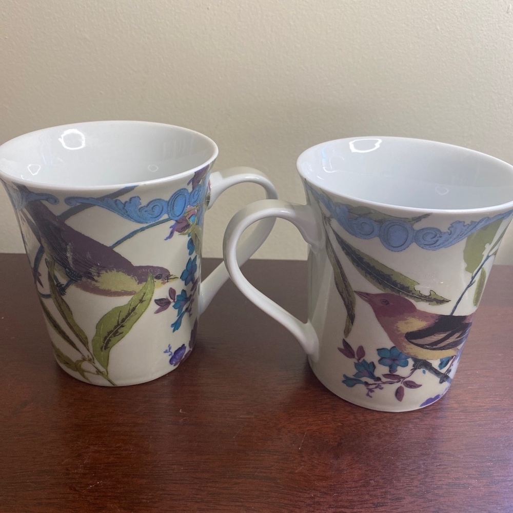 Pair of Mugs Adorned with Original Patina Vie artwork - Birds and Flowers